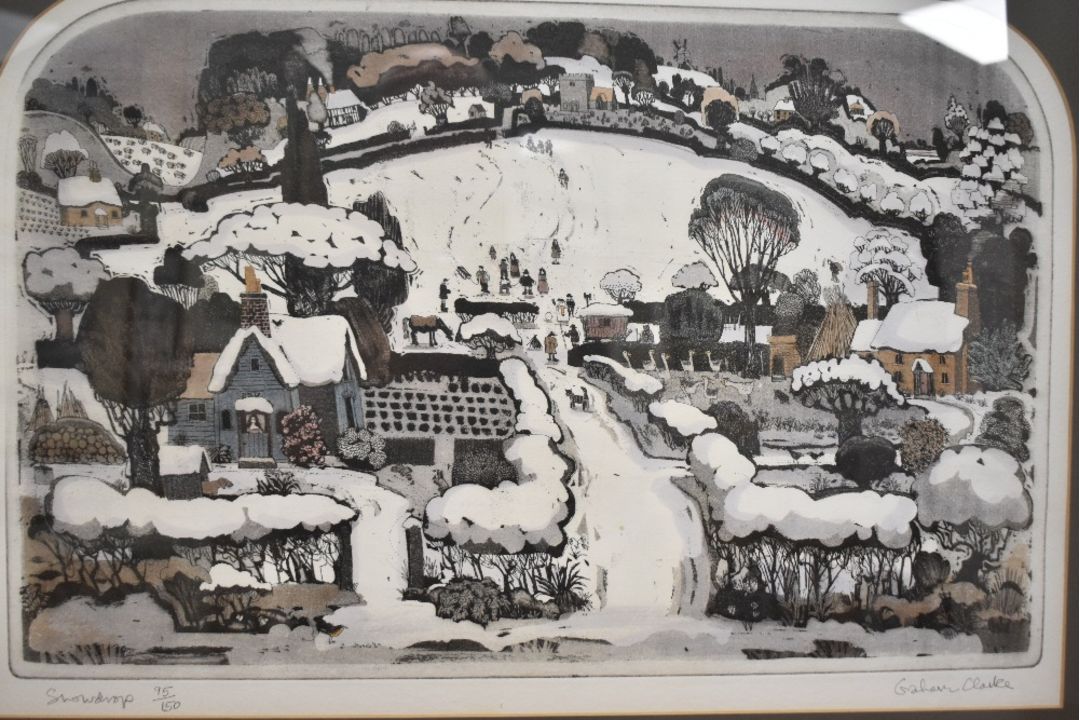 After Graham Clarke (British b1947) limited edition coloured etching 'snowdrop' stylised village - Image 3 of 5