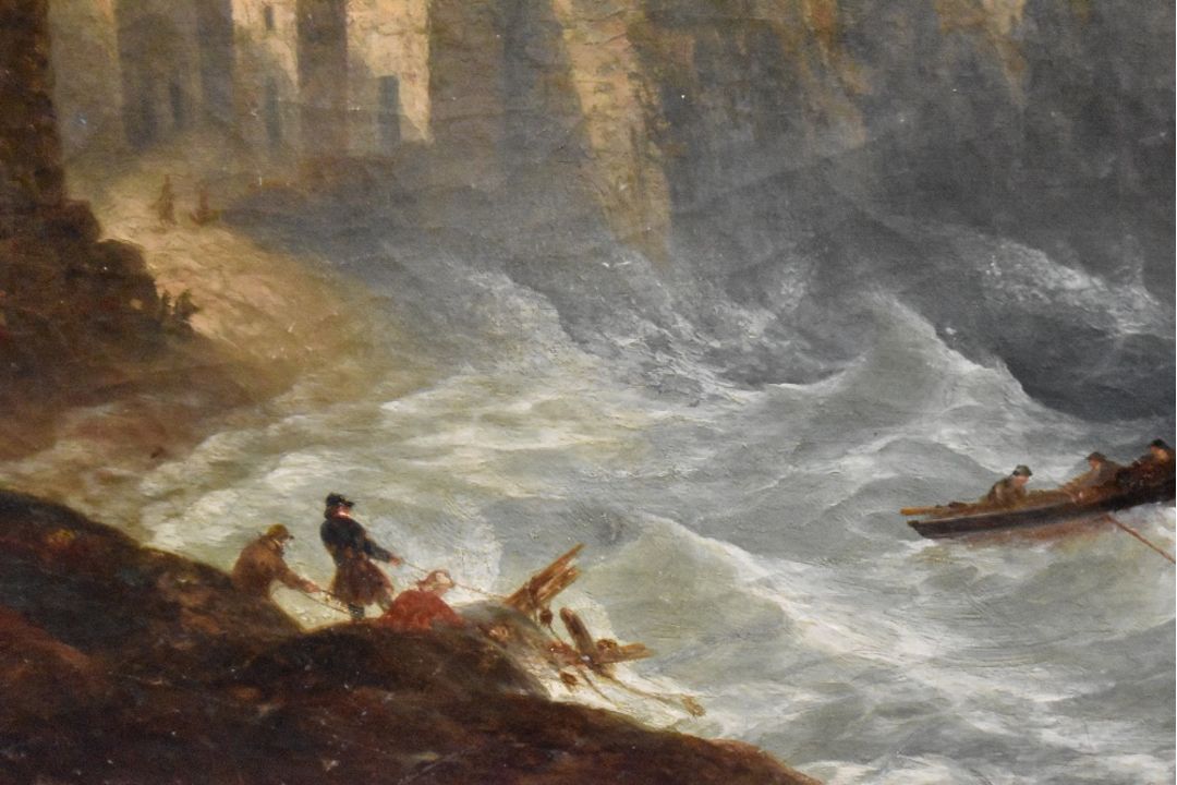 A 19th Century oil on canvas, a coastal scene depicting fishing boats on rough seas, believed to - Image 3 of 6