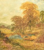 A 19th Century oil on board, an autumnal riverside woodland with figures collecting wood, signed