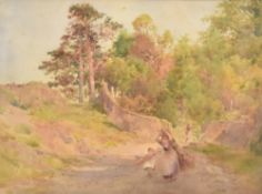 Cuthbert Rigby (British 1850-1935) watercolour 'Gathering Fuel (Sunset in Langdales) rural road with