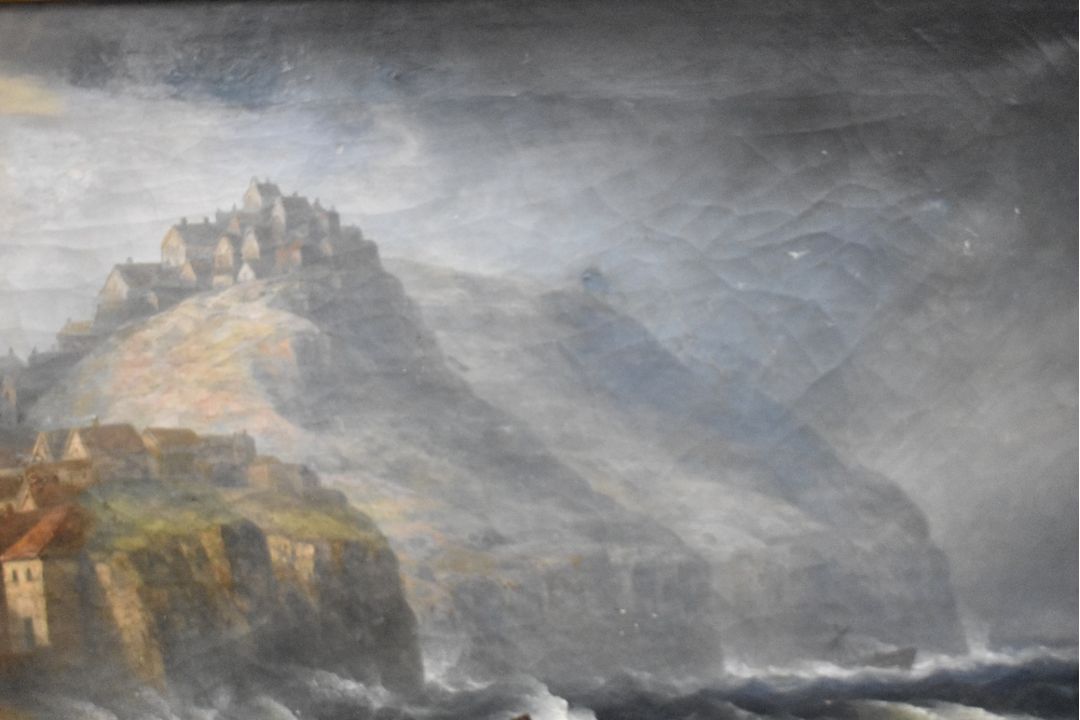 A 19th Century oil on canvas, a coastal scene depicting fishing boats on rough seas, believed to - Image 4 of 6