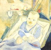 N Wess (20th century) oil on board 'Timothy' study of an infant within a simple wooden frame,