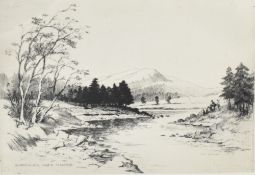 After Margaret M Rudge (British 1885-1972) Drypoint Etching, a mountainous alpine lake with village,