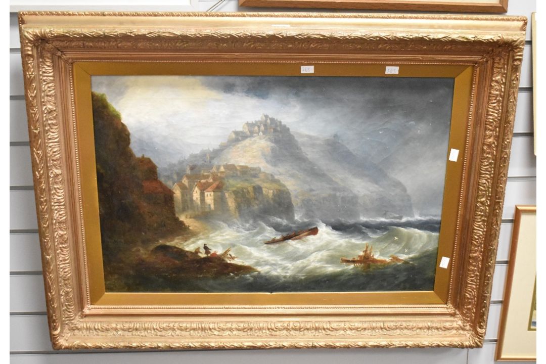 A 19th Century oil on canvas, a coastal scene depicting fishing boats on rough seas, believed to - Image 2 of 6
