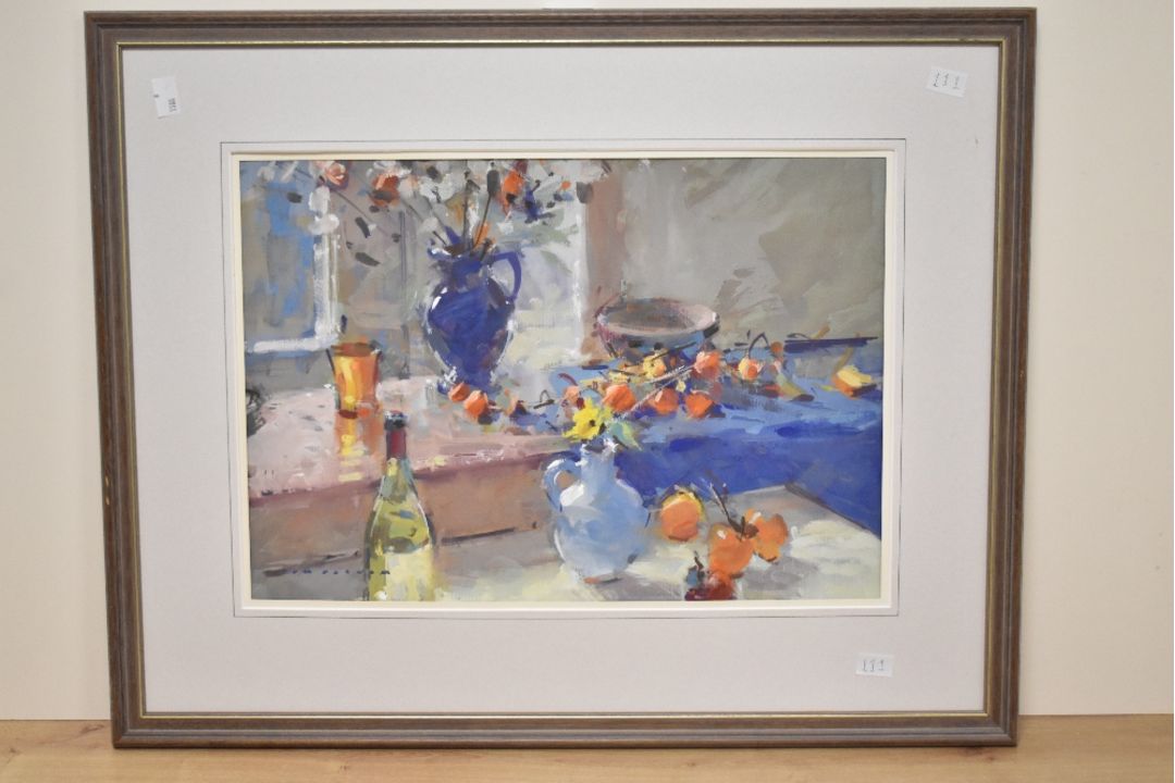 *Local Interest* Tom Oldham (British 1928-2019) Gouache 'Caquis and Spanish Pots', a still life - Image 2 of 4