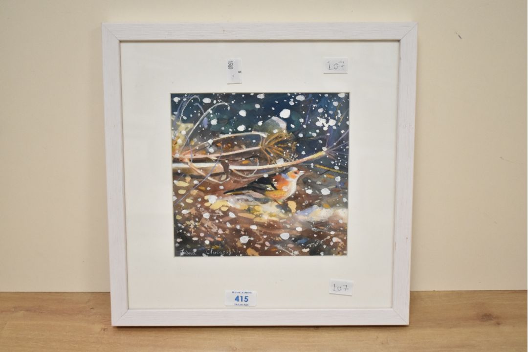 *Local Interest* Fiona Clucas (British Contemporary) Mixed media on paper 'Chaffinch, snow Falling', - Image 2 of 4