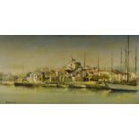 A 20th Century impressionistic oil on canvas, depicting a Mediterranean town harbour, signed