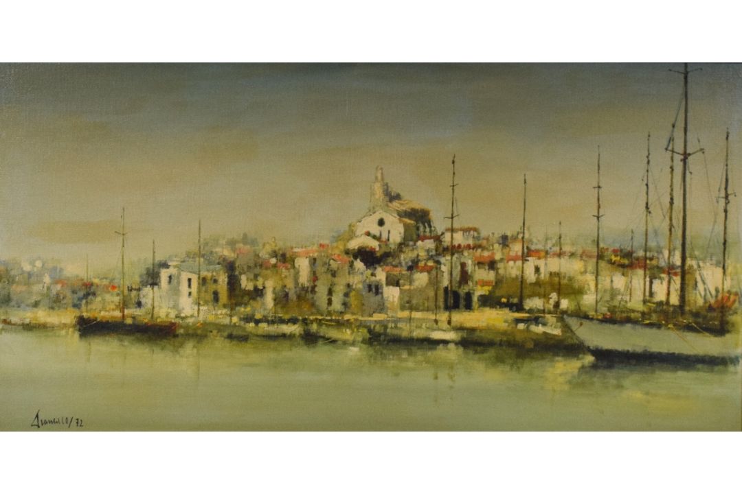 A 20th Century impressionistic oil on canvas, depicting a Mediterranean town harbour, signed - Image 1 of 4