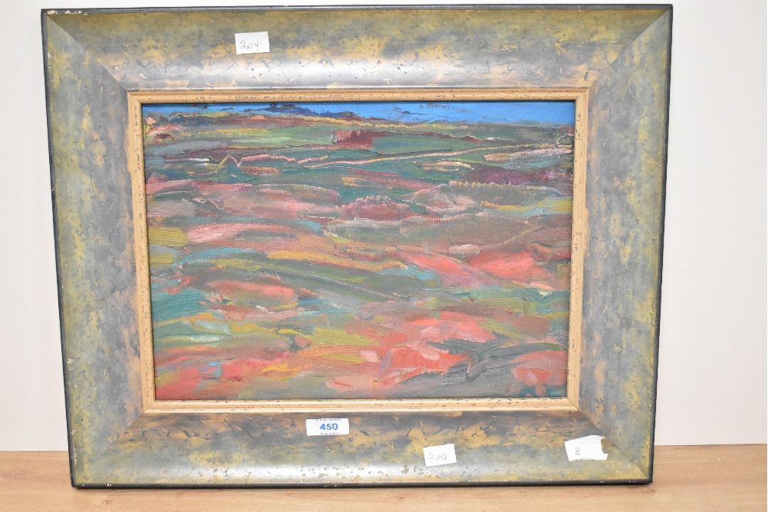 Artist unknown, oil on canvas, abstract landscape scene, indistinctly signed to canvas verso - Image 2 of 4