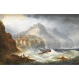 A 19th Century oil on canvas, a coastal scene depicting fishing boats on rough seas, believed to