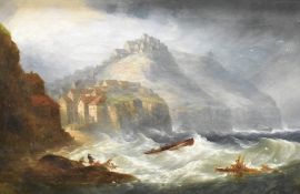 A 19th Century oil on canvas, a coastal scene depicting fishing boats on rough seas, believed to