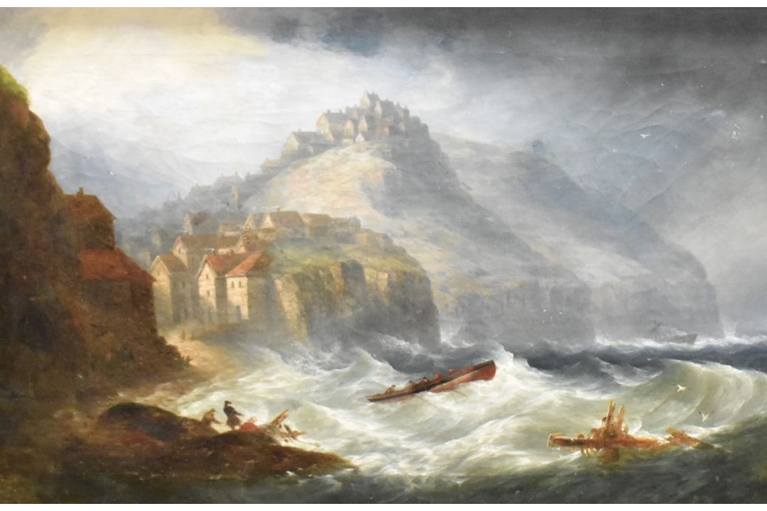 A 19th Century oil on canvas, a coastal scene depicting fishing boats on rough seas, believed to - Image 1 of 6