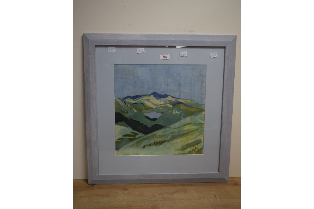 A Contemporary Batik style composition, depicting a mountain in blue and green tones, initialled ( - Image 2 of 5
