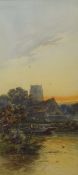 W Foxgile? (British 19th Century) Watercolour, a riverside church with boat and figures, signed