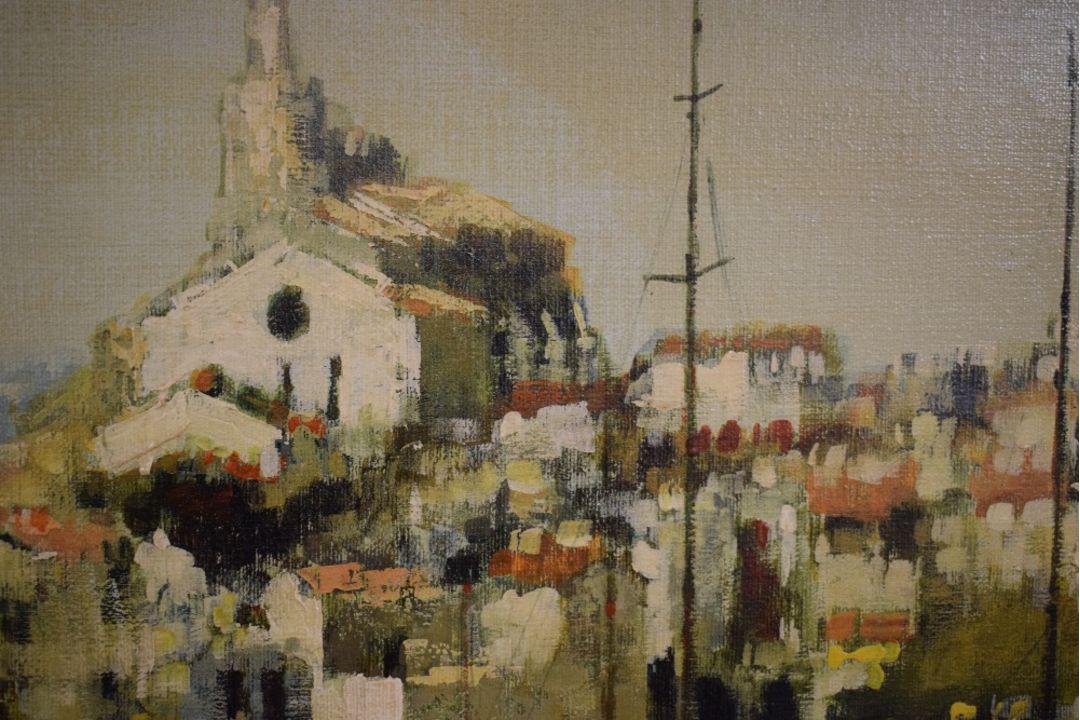 A 20th Century impressionistic oil on canvas, depicting a Mediterranean town harbour, signed - Image 4 of 4