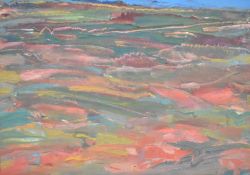 Artist unknown, oil on canvas, abstract landscape scene, indistinctly signed to canvas verso