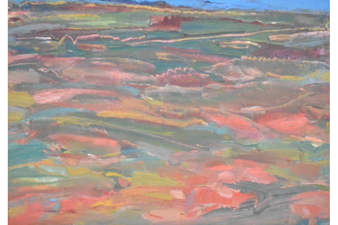 Artist unknown, oil on canvas, abstract landscape scene, indistinctly signed to canvas verso - Image 1 of 4