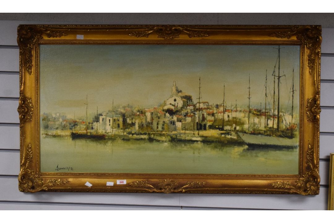 A 20th Century impressionistic oil on canvas, depicting a Mediterranean town harbour, signed - Image 2 of 4