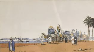 A 20th Century colourised etching 'The Divide'?, depicting a procession on camel back, signed