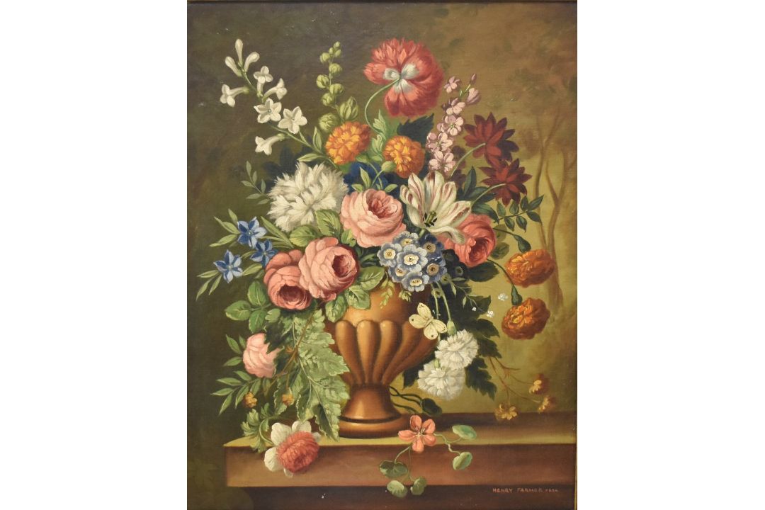 Henry Farmer FRSA (British 19th/20th Century) Oil on canvas, a still life study of a vase of flowers - Image 1 of 5
