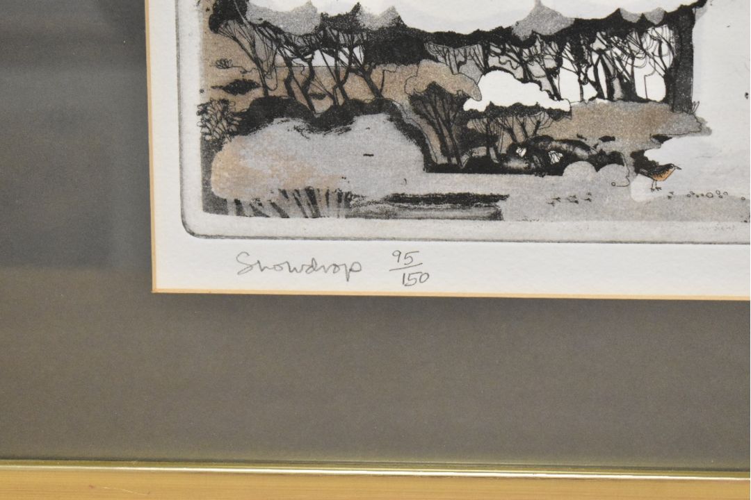 After Graham Clarke (British b1947) limited edition coloured etching 'snowdrop' stylised village - Image 5 of 5
