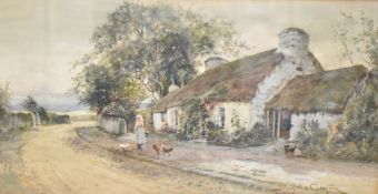 Joseph Hughes Clayton (British 1870-1930) watercolour, thatched rural cottage with female figure and