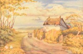 A pair of 20th Century watercolours, rural cottage scenes, within moulded wooden frames, under glass