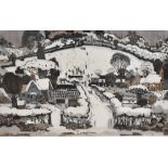 After Graham Clarke (British b1947) limited edition coloured etching 'snowdrop' stylised village