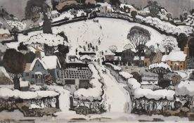 After Graham Clarke (British b1947) limited edition coloured etching 'snowdrop' stylised village