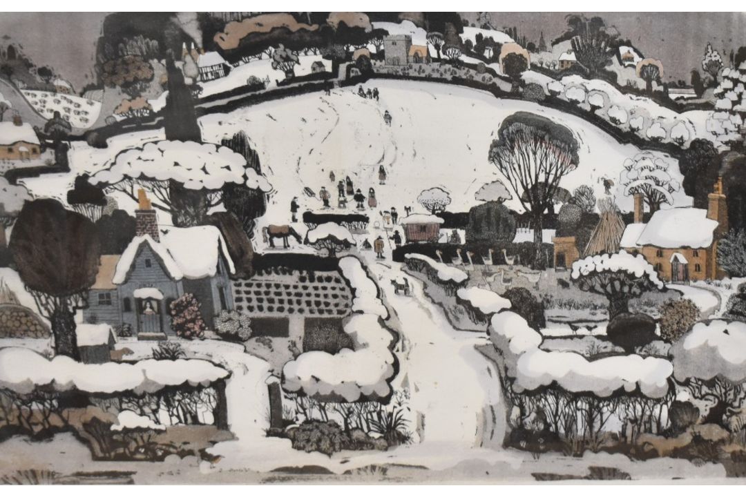 After Graham Clarke (British b1947) limited edition coloured etching 'snowdrop' stylised village - Image 1 of 5