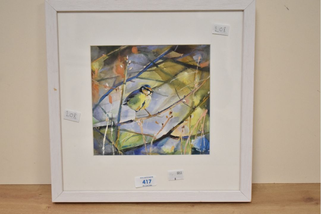 *Local Interest* Fiona Clucas (British Contemporary) Mixed media on paper 'Bluetit I', a woodland - Image 2 of 4