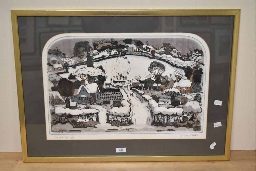 After Graham Clarke (British b1947) limited edition coloured etching 'snowdrop' stylised village - Image 2 of 5