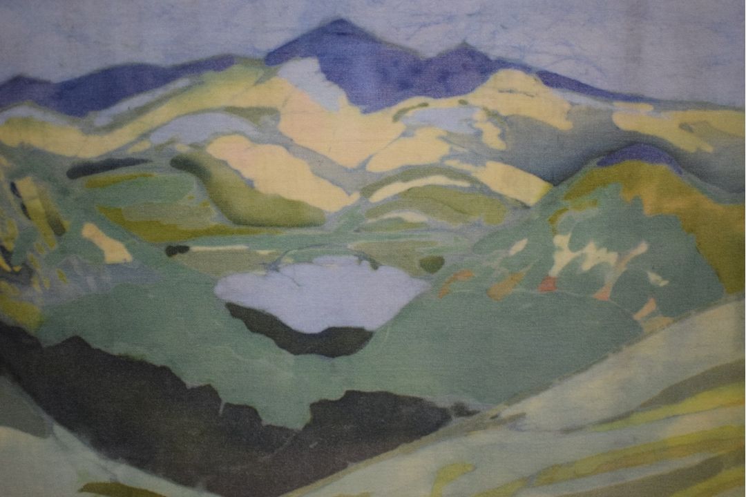 A Contemporary Batik style composition, depicting a mountain in blue and green tones, initialled ( - Image 3 of 5