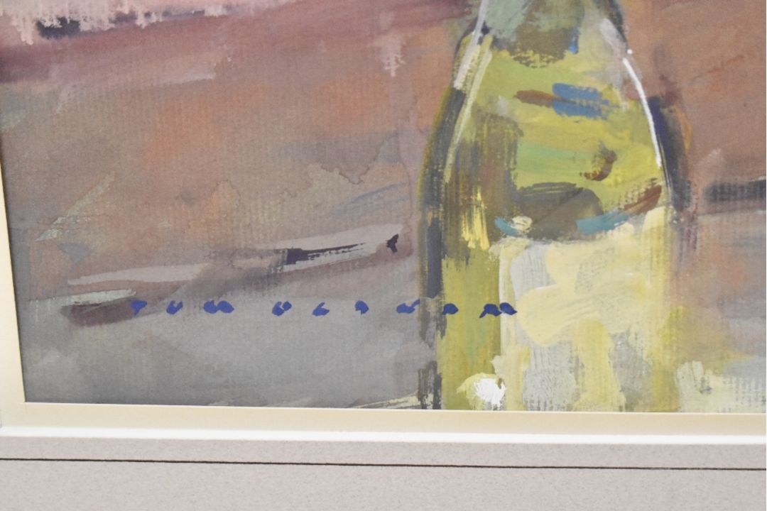 *Local Interest* Tom Oldham (British 1928-2019) Gouache 'Caquis and Spanish Pots', a still life - Image 3 of 4