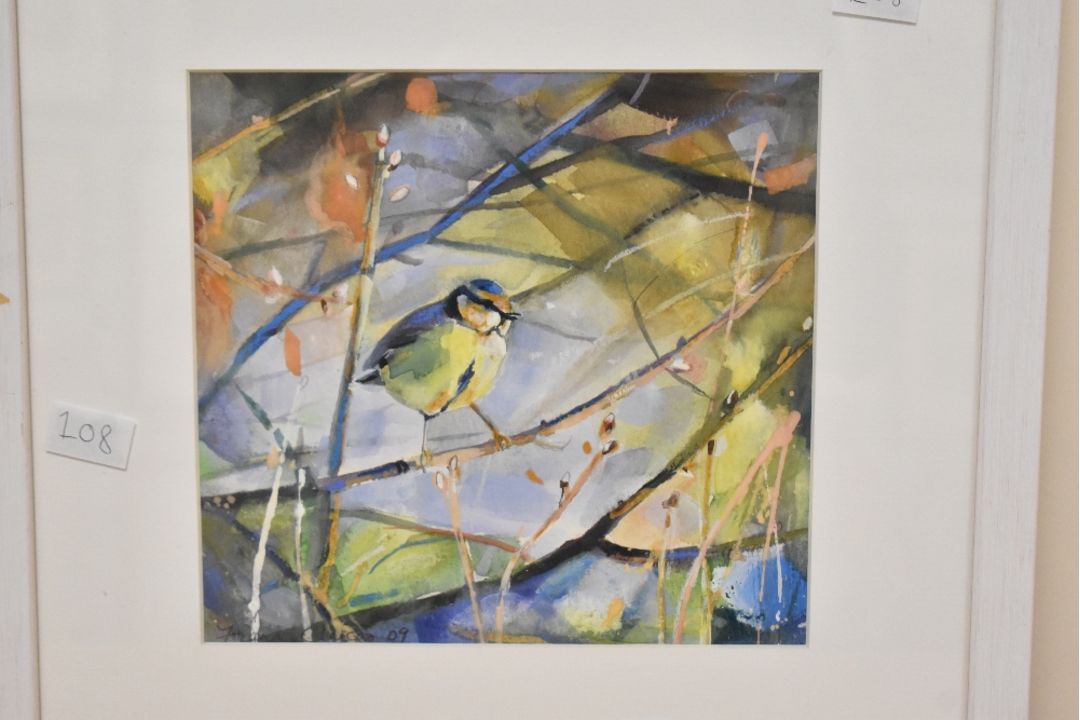 *Local Interest* Fiona Clucas (British Contemporary) Mixed media on paper 'Bluetit I', a woodland - Image 1 of 4