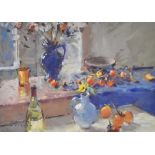 *Local Interest* Tom Oldham (British 1928-2019) Gouache 'Caquis and Spanish Pots', a still life