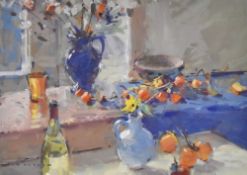 *Local Interest* Tom Oldham (British 1928-2019) Gouache 'Caquis and Spanish Pots', a still life