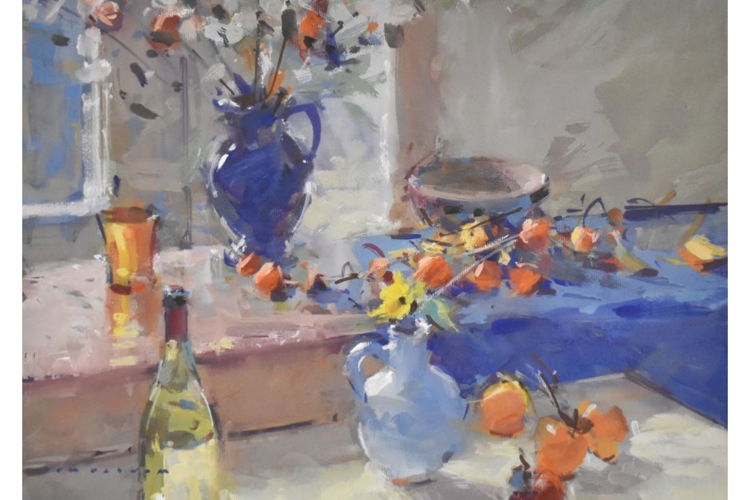 *Local Interest* Tom Oldham (British 1928-2019) Gouache 'Caquis and Spanish Pots', a still life - Image 1 of 4
