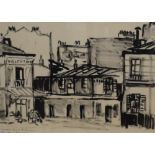 A 20th Century Parisian street scene in ink, location and date (1958) lower right alongside