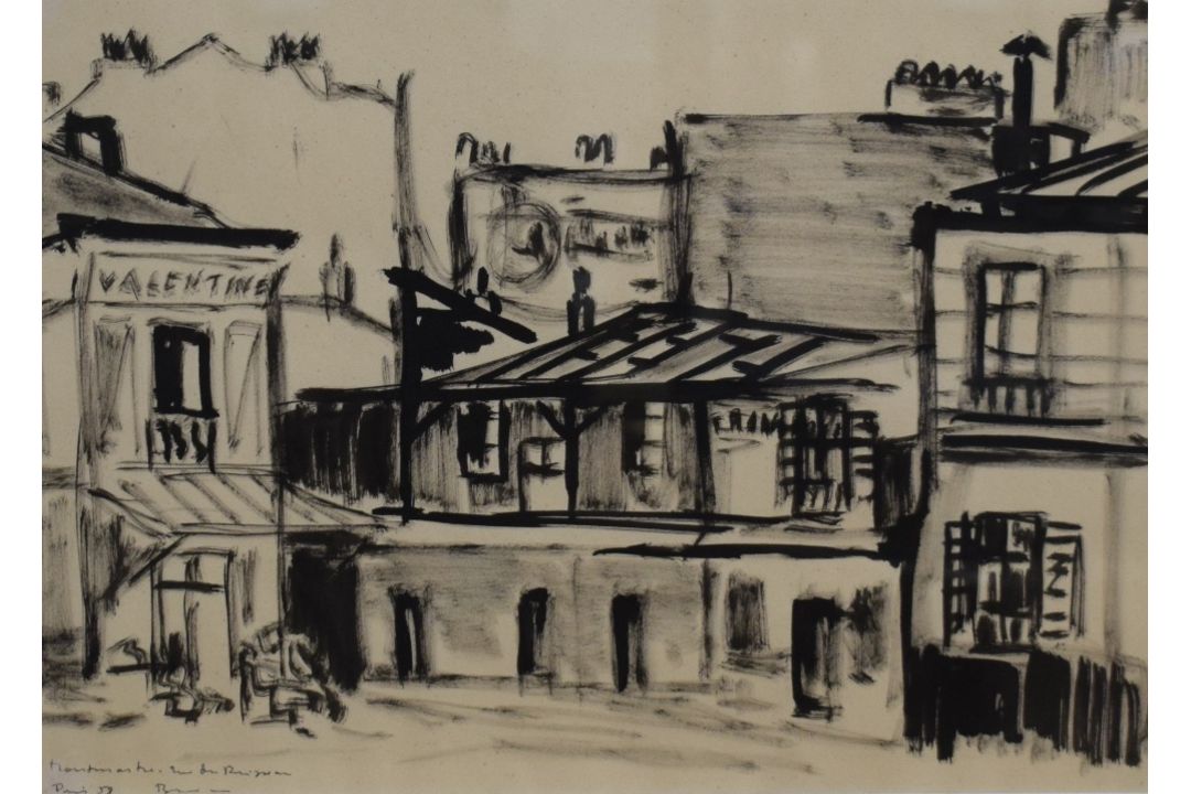 A 20th Century Parisian street scene in ink, location and date (1958) lower right alongside - Image 1 of 5