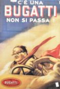 A 20th Century lithographic poster 'C'è Una Bugatti Non Si Passa', within wooden frame, under