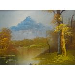 Jimmy (20th Century) Oil on canvas, a mountainous river scene, signed lower left, within canvas slip