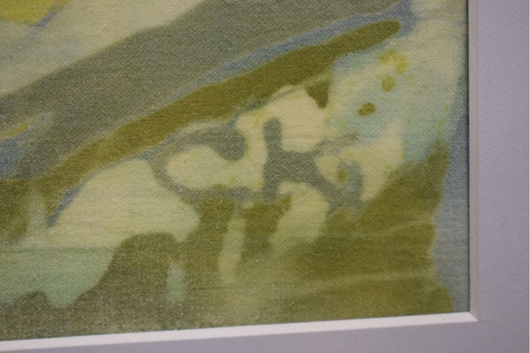A Contemporary Batik style composition, depicting a mountain in blue and green tones, initialled ( - Image 4 of 5