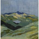 A Contemporary Batik style composition, depicting a mountain in blue and green tones, initialled (