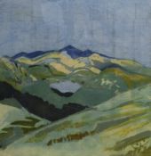 A Contemporary Batik style composition, depicting a mountain in blue and green tones, initialled (