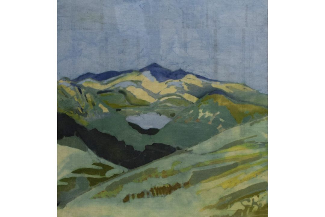 A Contemporary Batik style composition, depicting a mountain in blue and green tones, initialled ( - Image 1 of 5