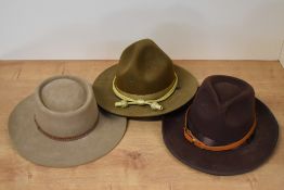 Three mens vintage fedora style hats to include a taupe felt Aussie Hat Co., a brown felt example,