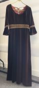 A circa 1960-70s Susan Small maxi dress in brown velvet with empire line, zig-zag embroidery in