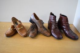 Two pairs of vintage block-heeled lace-up shoes in brown leather with stitched toe detailing,