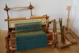 Assorted weaving looms and wooden equipment, cross stitch ring, some has a length of woven yarn